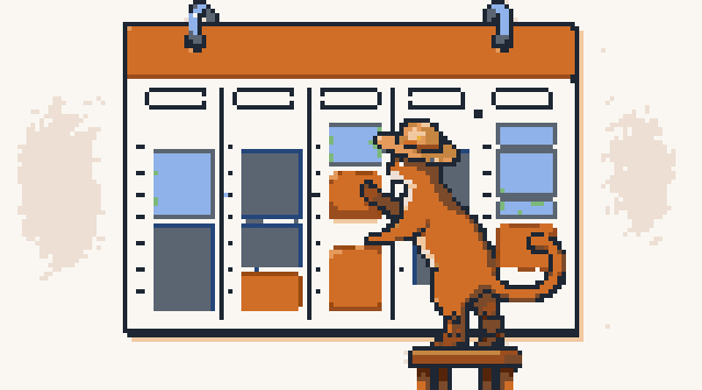 Pixel art: the Meowdy cat fits a block of work into a week on a wall calendar, between meetings.